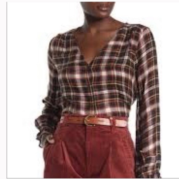 Madewell Gwen Plaid Ruffle Sleeve V-Neck Blouse Faded Rust M NWOT - Picture 2 of 13